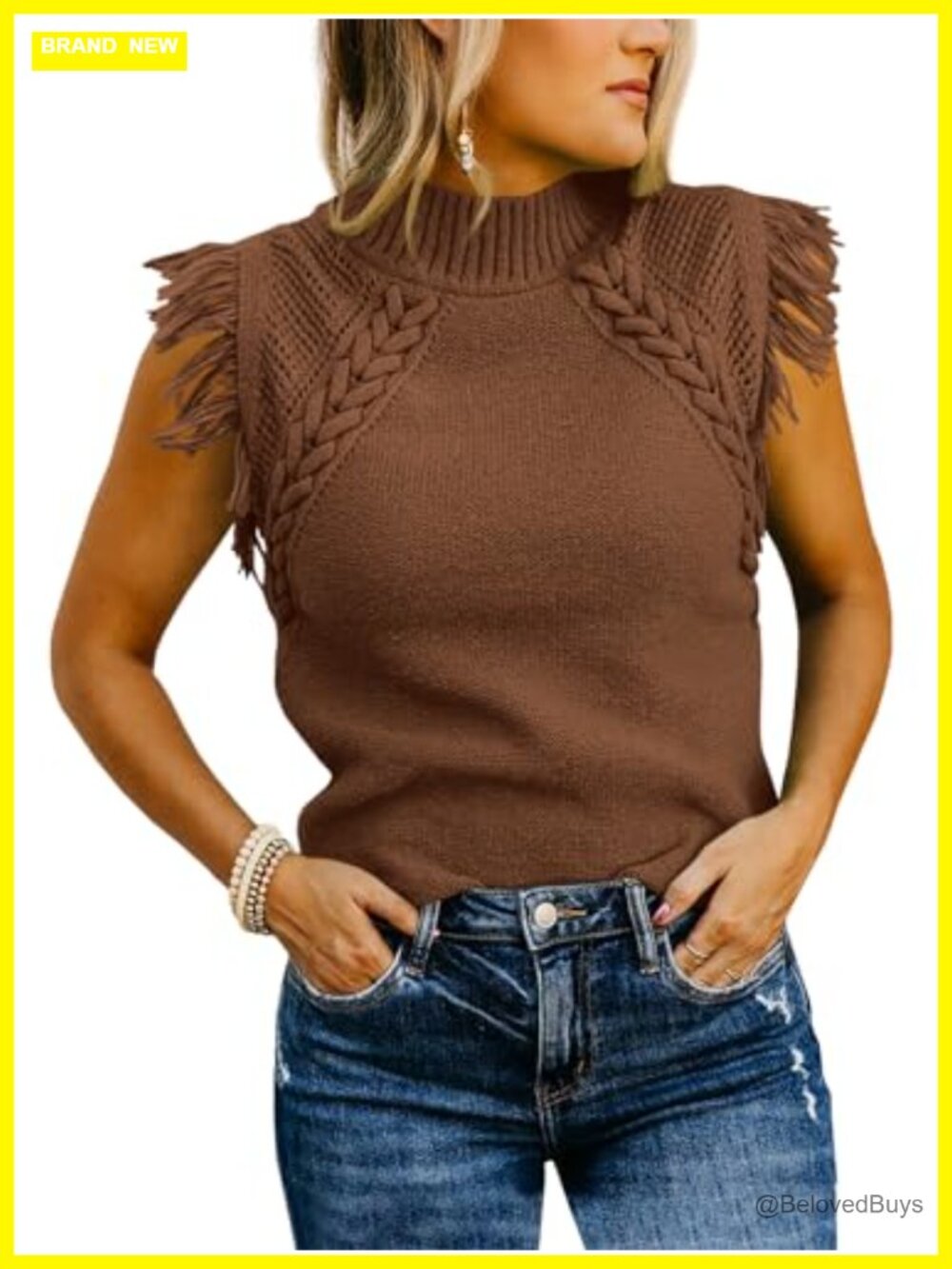 Sleeveless Cable Knit Sweater Vest Mock Neck Fringe Semi-Fitted Pullover